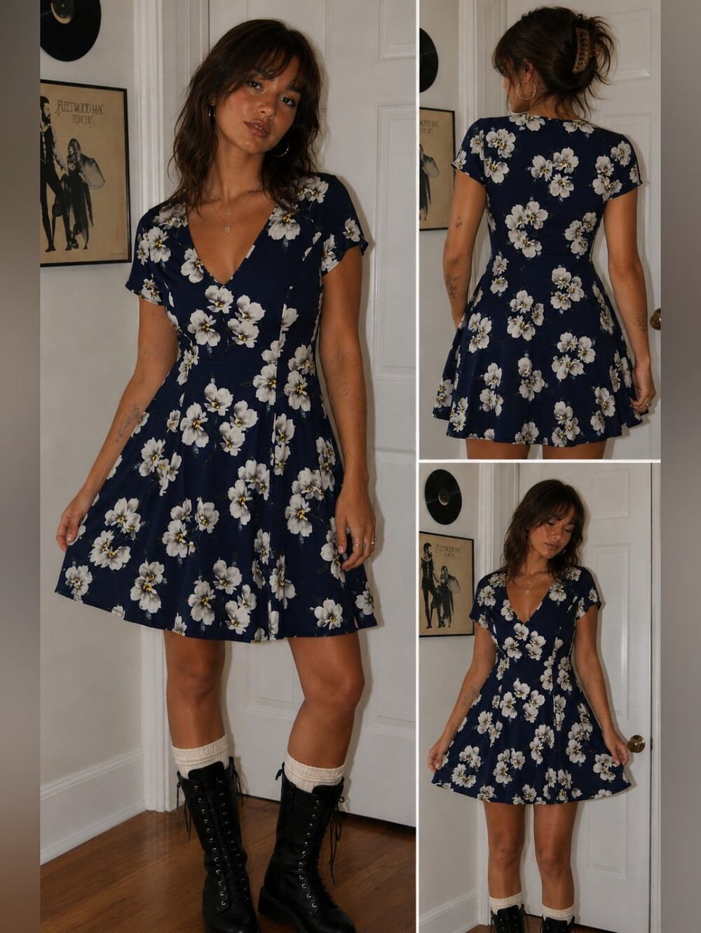 Forever 21 Navy Floral Fit & Flare Dress